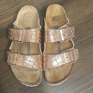 Birkenstock WM Rose Gold Croc-Embossed Double Buckle Sandals